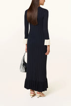 Royal Navy Viscose Knit Pleated Cuffs Maxi Dress