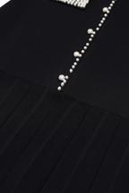 Noir Pearl Accent Pleated Knit Maxi Dress