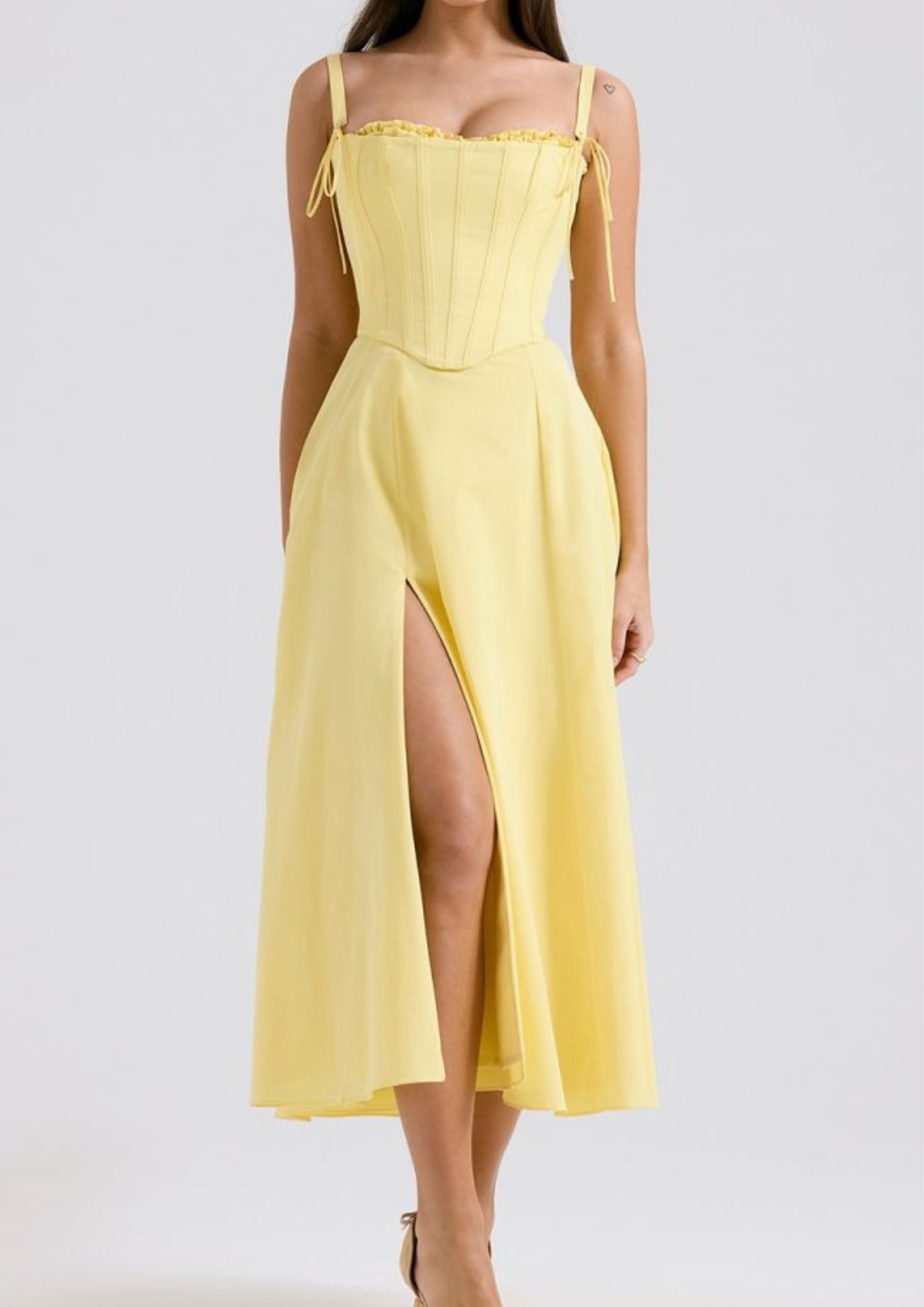 Serena Fishbone Lace Up Maxi Dress – Soft Yellow
