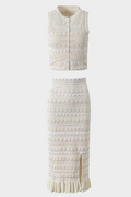 Lily – Pearl Button Floral Knit Ruffle Skirt Viscose Set In Beige