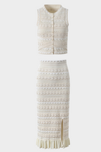 Lily – Pearl Button Floral Knit Ruffle Skirt Viscose Set In Beige