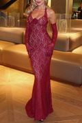 Scarlet Fishtail Elegance Lace Halter Maxi Dress