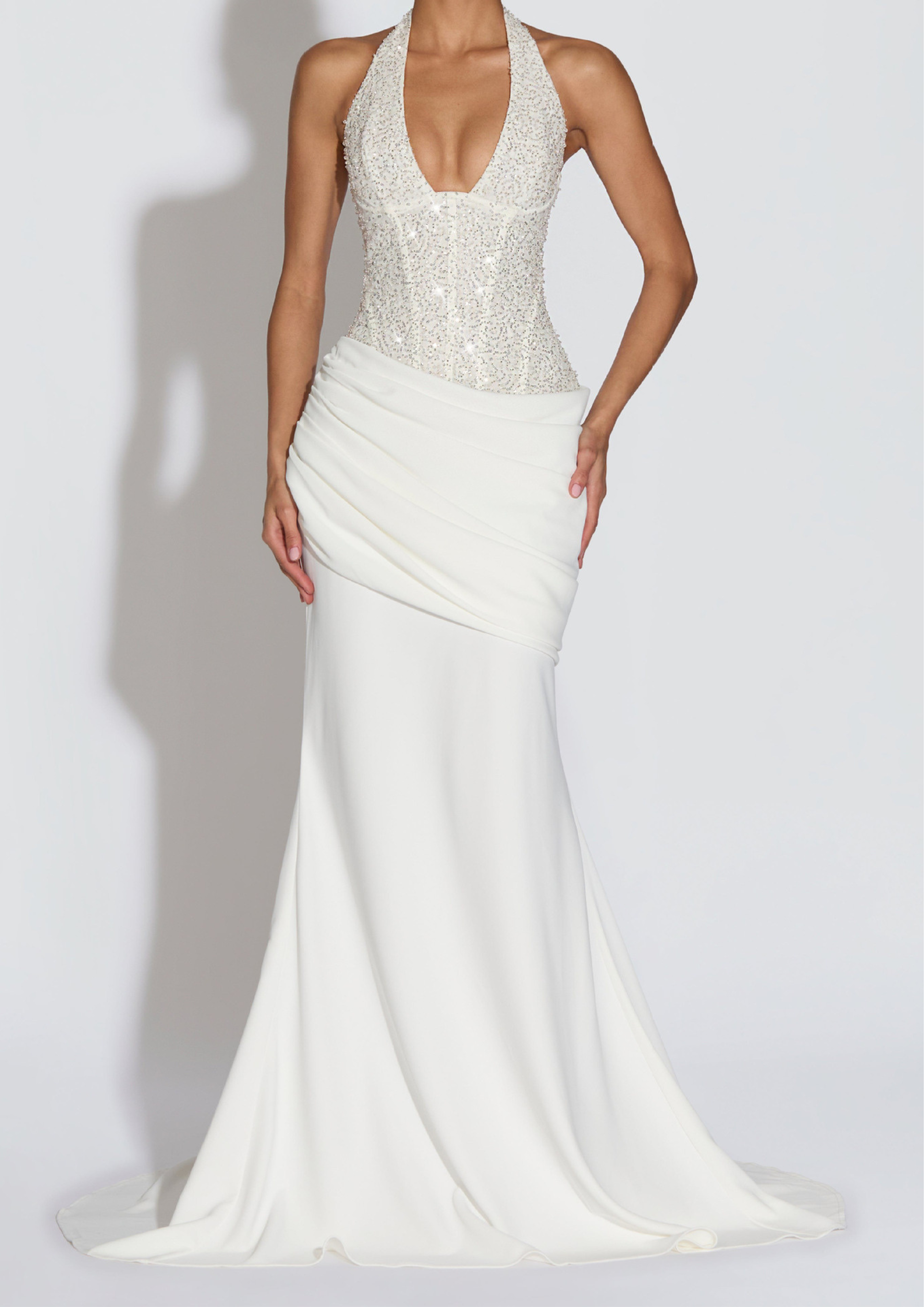 Semi Sheer Embellished Halter Sparkle  Sequin Maxi Dress