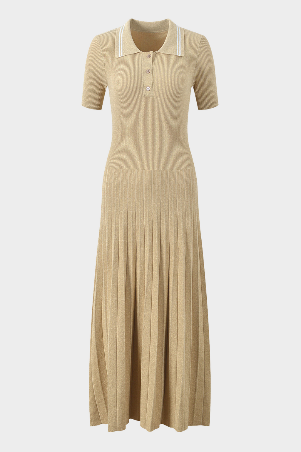 Lily – Golden Sand Polo Collar Pleated Viscose  Knit Maxi Dress