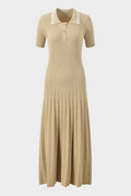 Lily – Golden Sand Polo Collar Pleated Viscose  Knit Maxi Dress