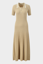 Lily – Golden Sand Polo Collar Pleated Viscose  Knit Maxi Dress
