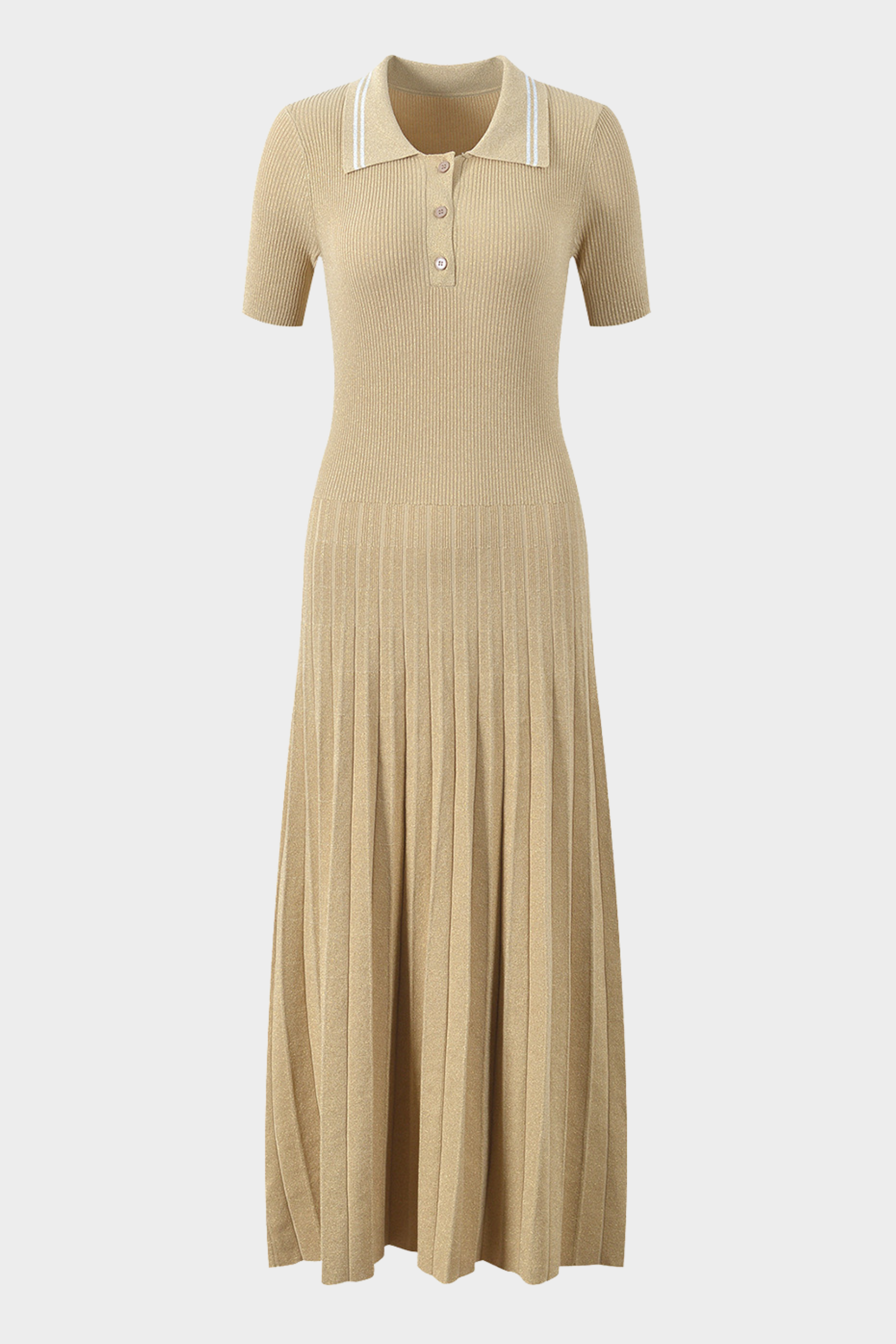 Lily – Golden Sand Polo Collar Pleated Viscose  Knit Maxi Dress