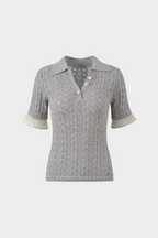 Pearl Lace-Trim Crochet Knit Polo Top