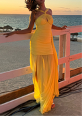 Sunset Glow Draped Mesh Maxi Dress