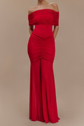 Scarlet Serenity Off Shoulder Ruched Mesh Maxi Dress