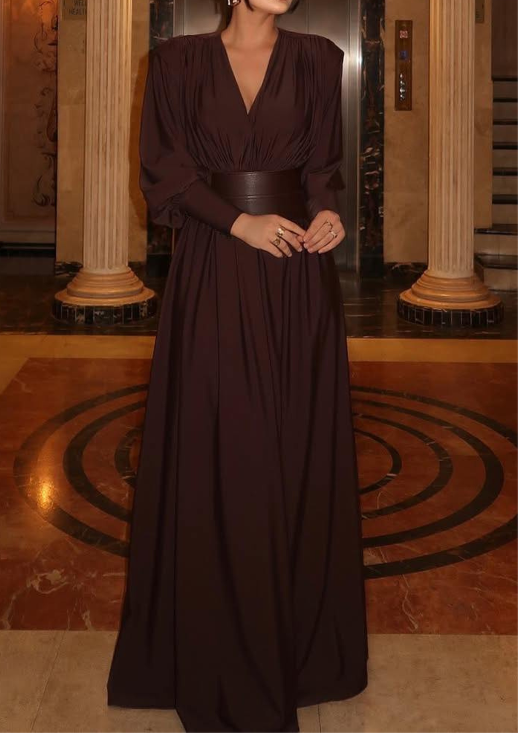 Deep V Neck Cinched Leather Waist Maxi Dress