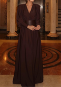 Deep V Neck Cinched Leather Waist Maxi Dress