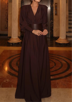 Deep V Neck Cinched Leather Waist Maxi Dress