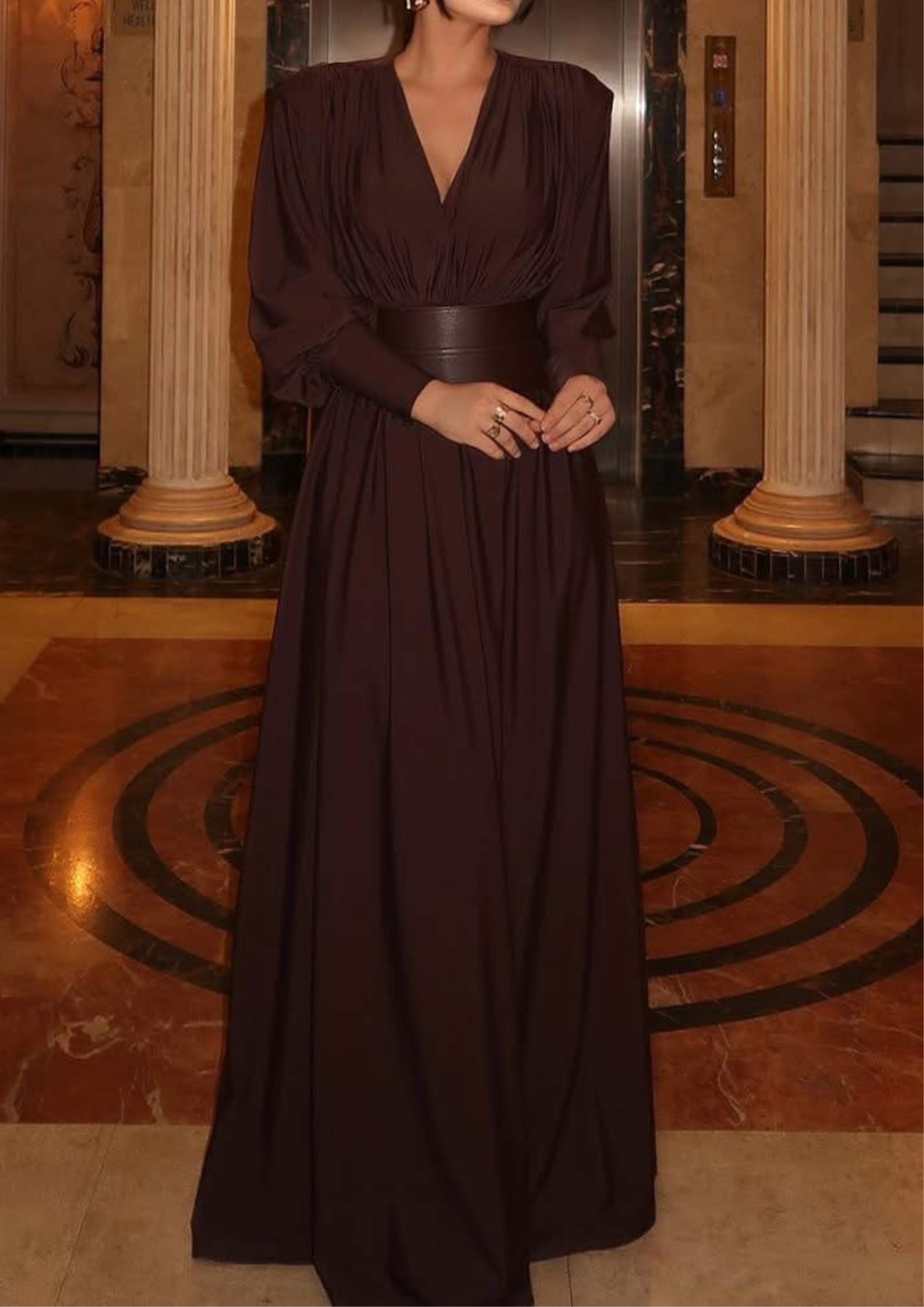 Deep V Neck Cinched Leather Waist Maxi Dress