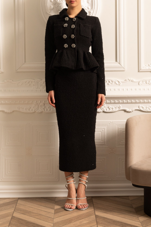 Classic Noir Ruffle Sequin Knit Maxi Dress
