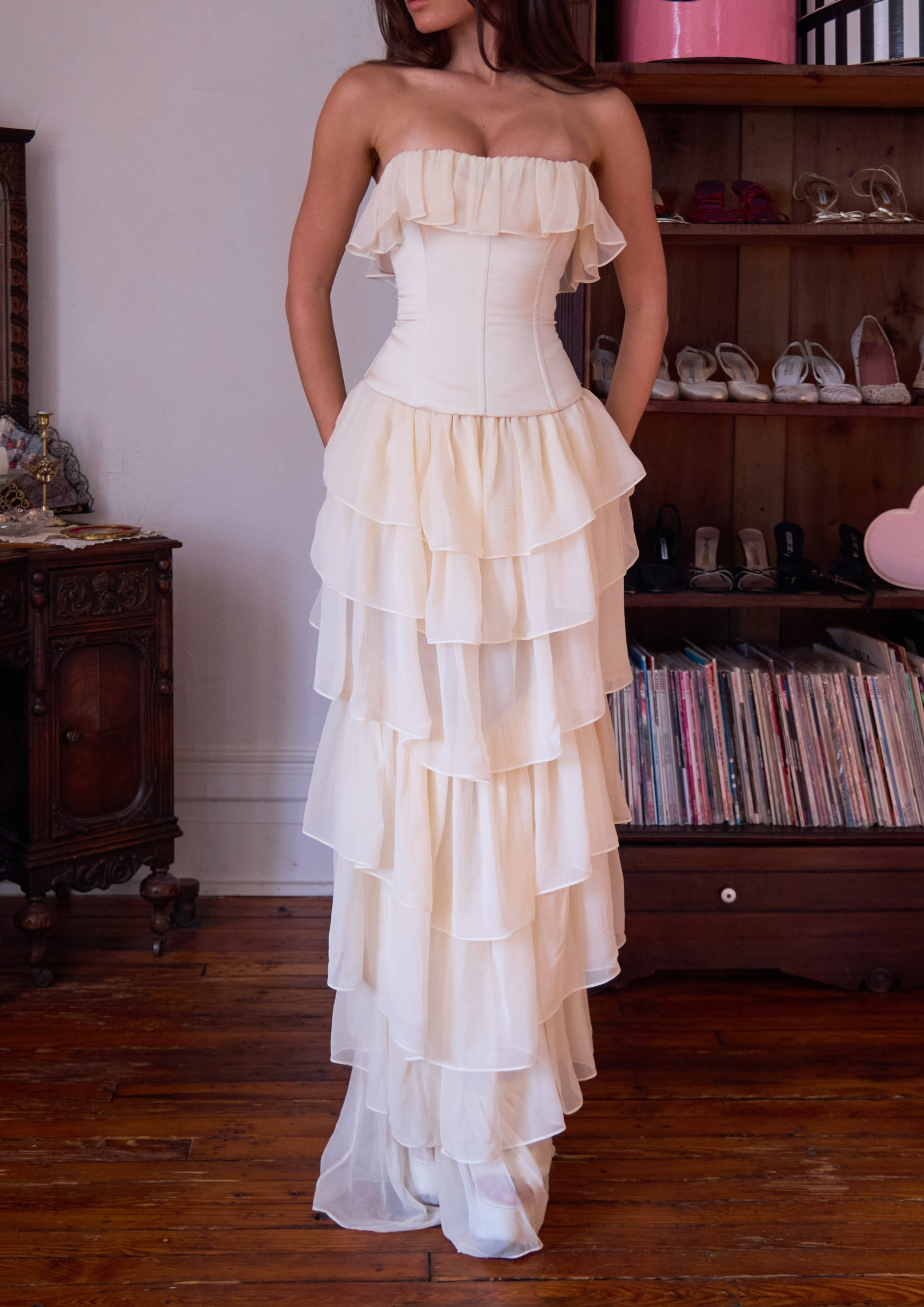 Strapless Chiffon Soft Ruffles Corset Maxi Dress