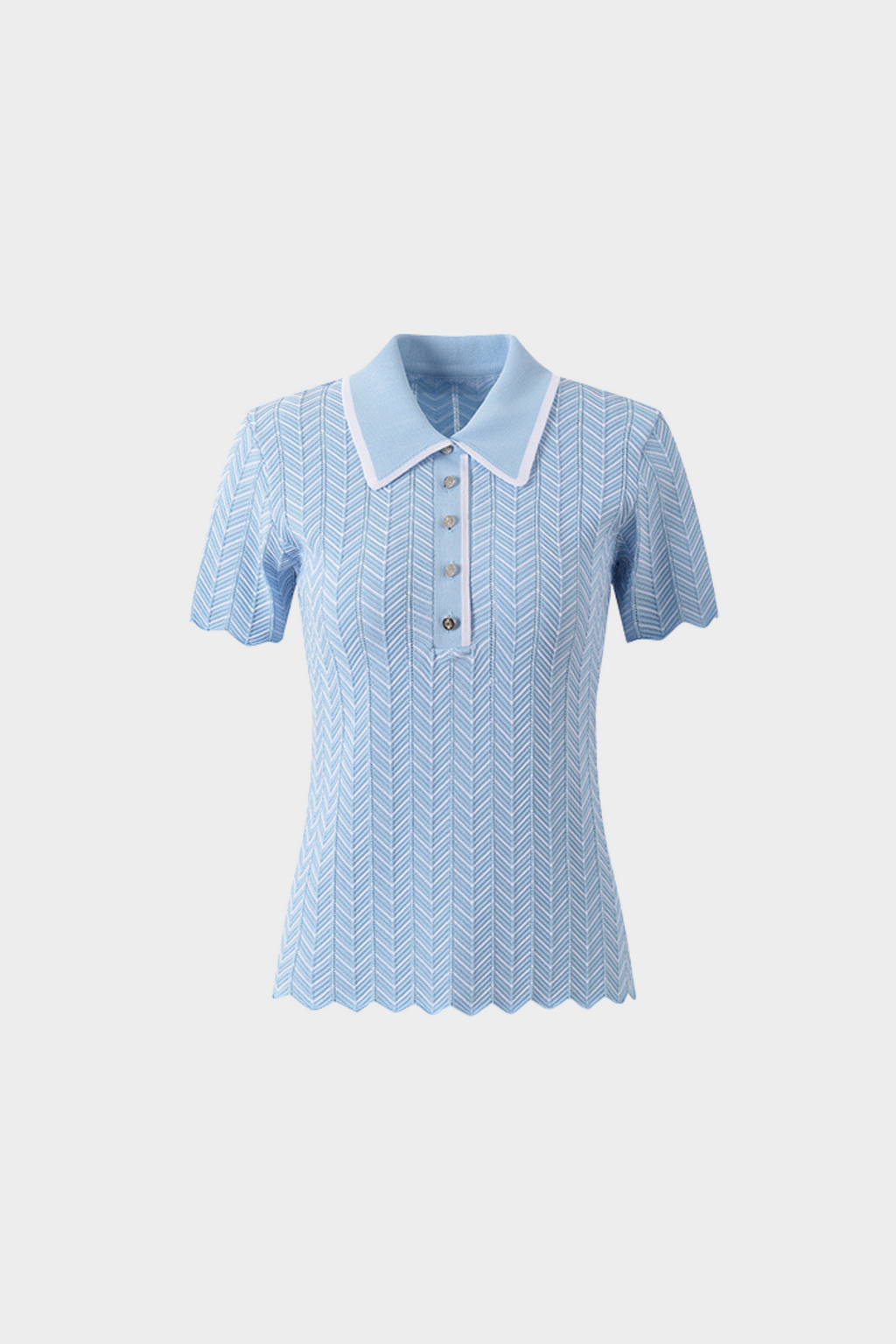 Skyline Chevron Viscose Polo Knit  Light Blue Textured Top