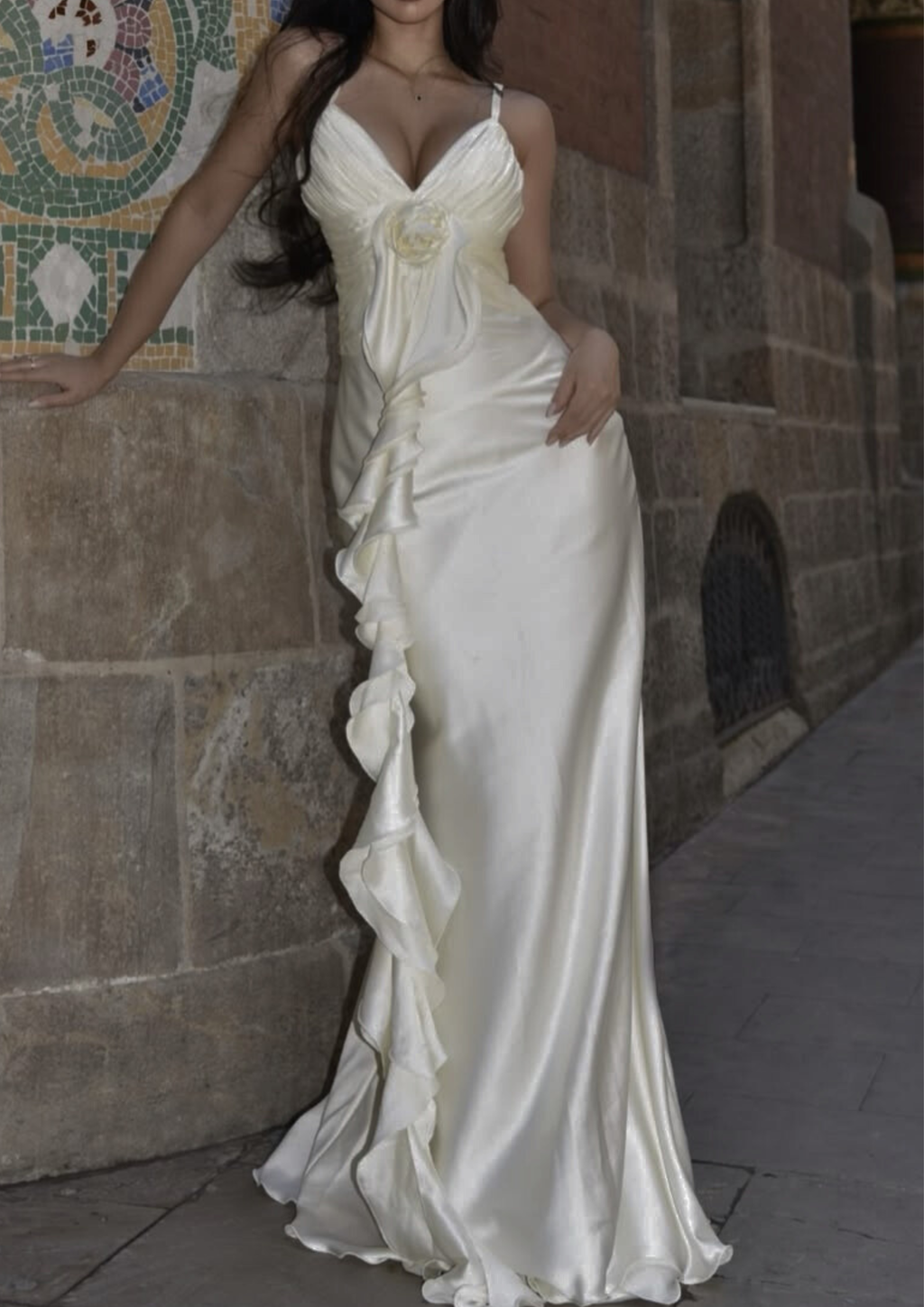 Ivory Rosette Draped Satin Maxi Dress