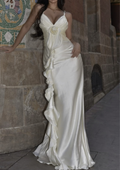 Ivory Rosette Draped Satin Maxi Dress