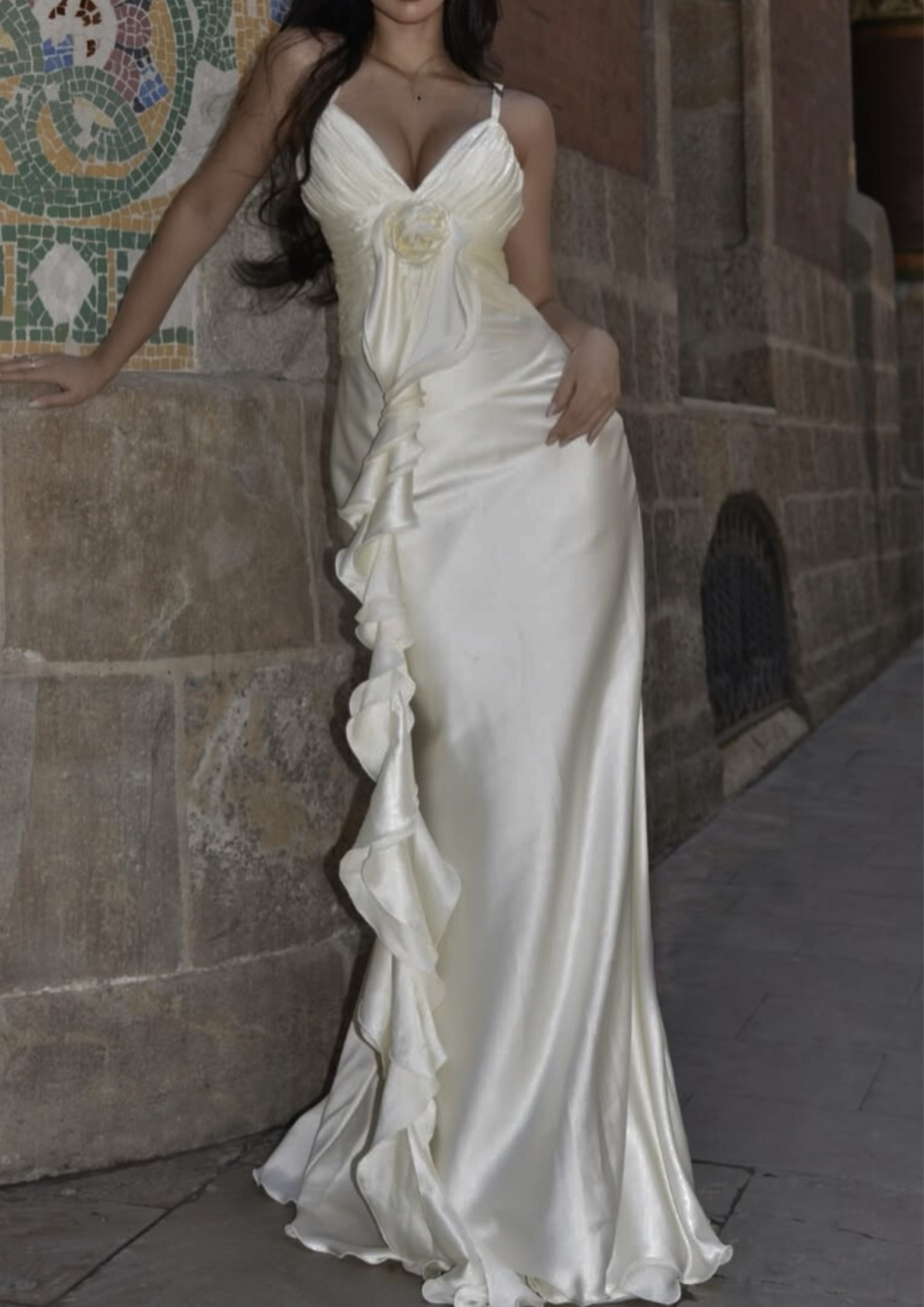 Ivory Rosette Draped Satin Maxi Dress