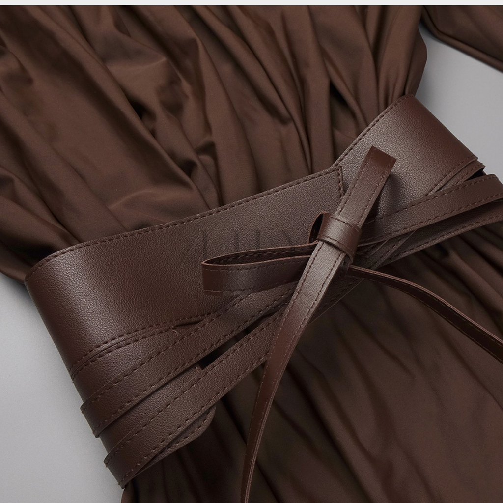 Deep V Neck Cinched Leather Waist Maxi Dress