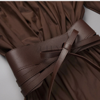 Deep V Neck Cinched Leather Waist Maxi Dress
