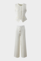 Viscose Knit  Sleeveless Vest LaceUp Wide Leg Set