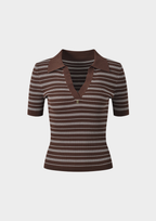 Cocoa Stripe Ribbed Polo Knit Top