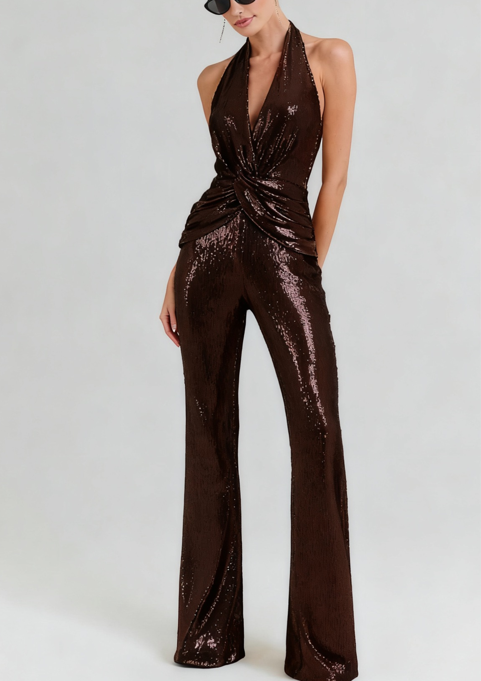 Midnight Twist Sequin Halter Backless Jumpsuit