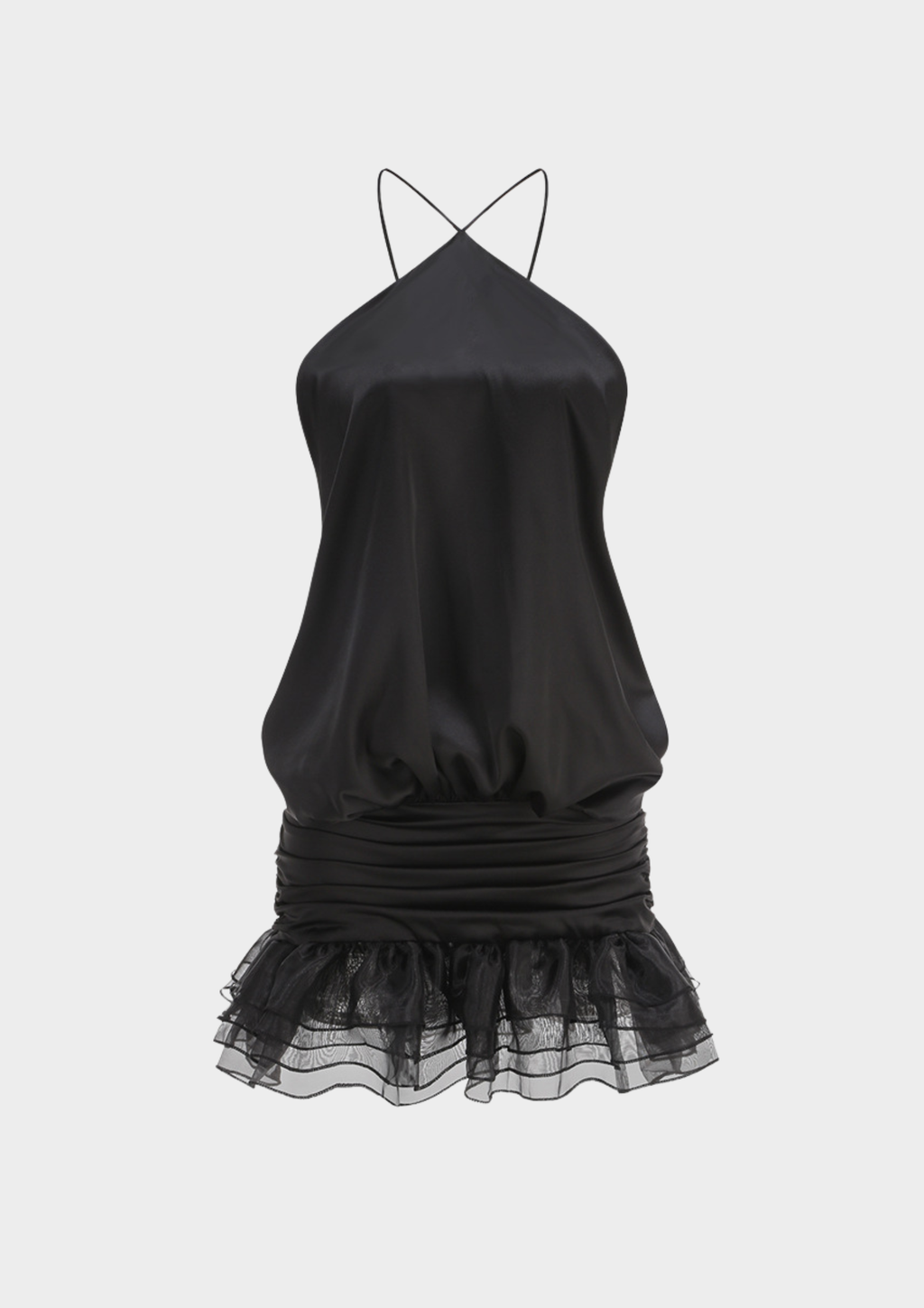 Noir Whisper Backless Ruffle Mini Dress