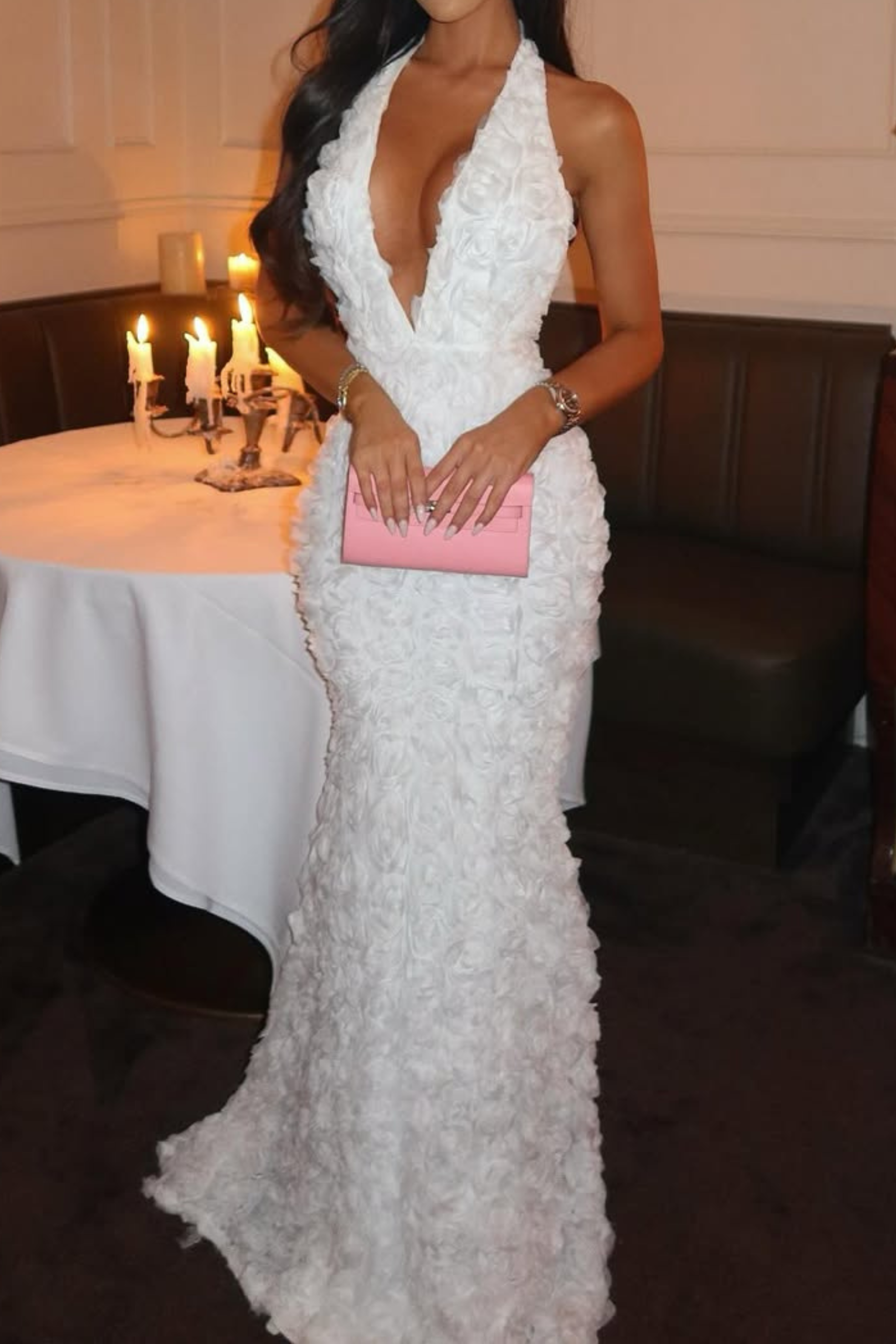 Vienna White Rose Floral Backless Fishtail Maxi Dress