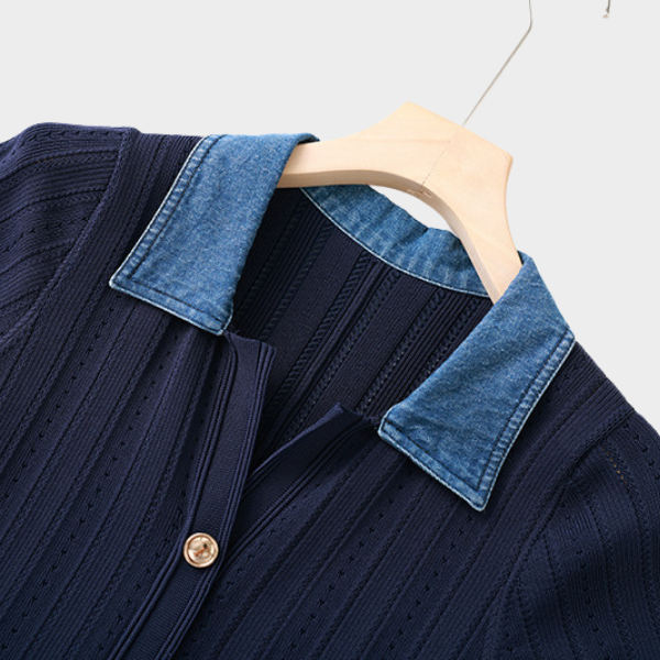 Denim Collar Buttoned Knit Maxi Dress