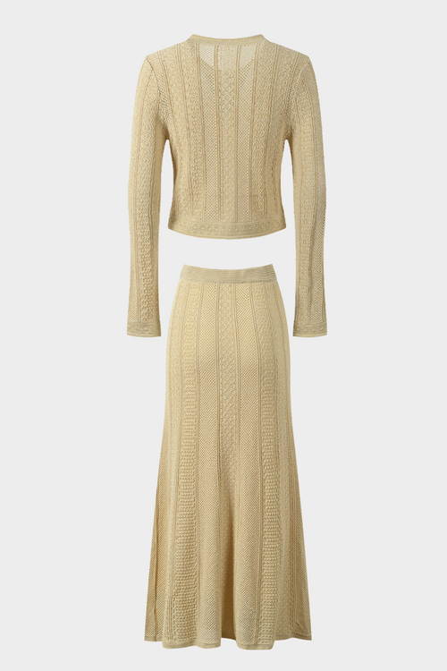 Beige Hollow Knitted Viscose Pearl Button Cardigan & Maxi Skirt Set