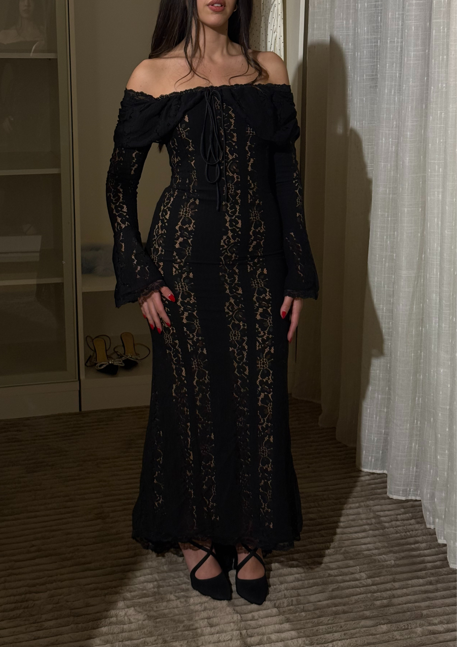 Mermaid Lace Off Shoulder Sheer Floral Maxi Dress