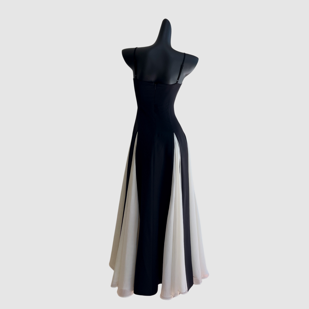 Monochrome Elegance Twill Chiffon Maxi Dress