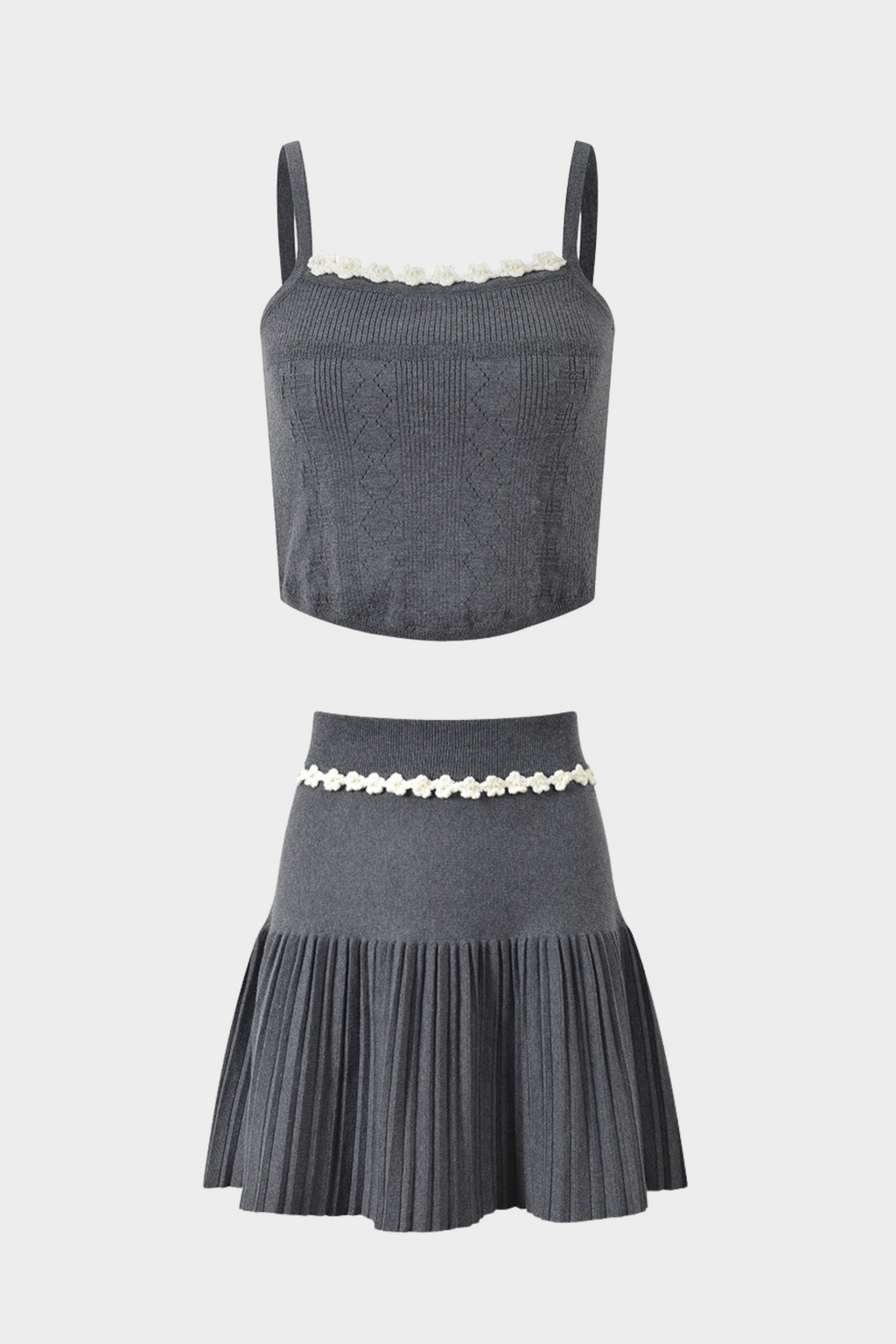Grey Pleated Mini Skirt with Pearl Flower Waistline