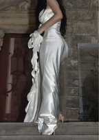 Ivory Rosette Draped Satin Maxi Dress