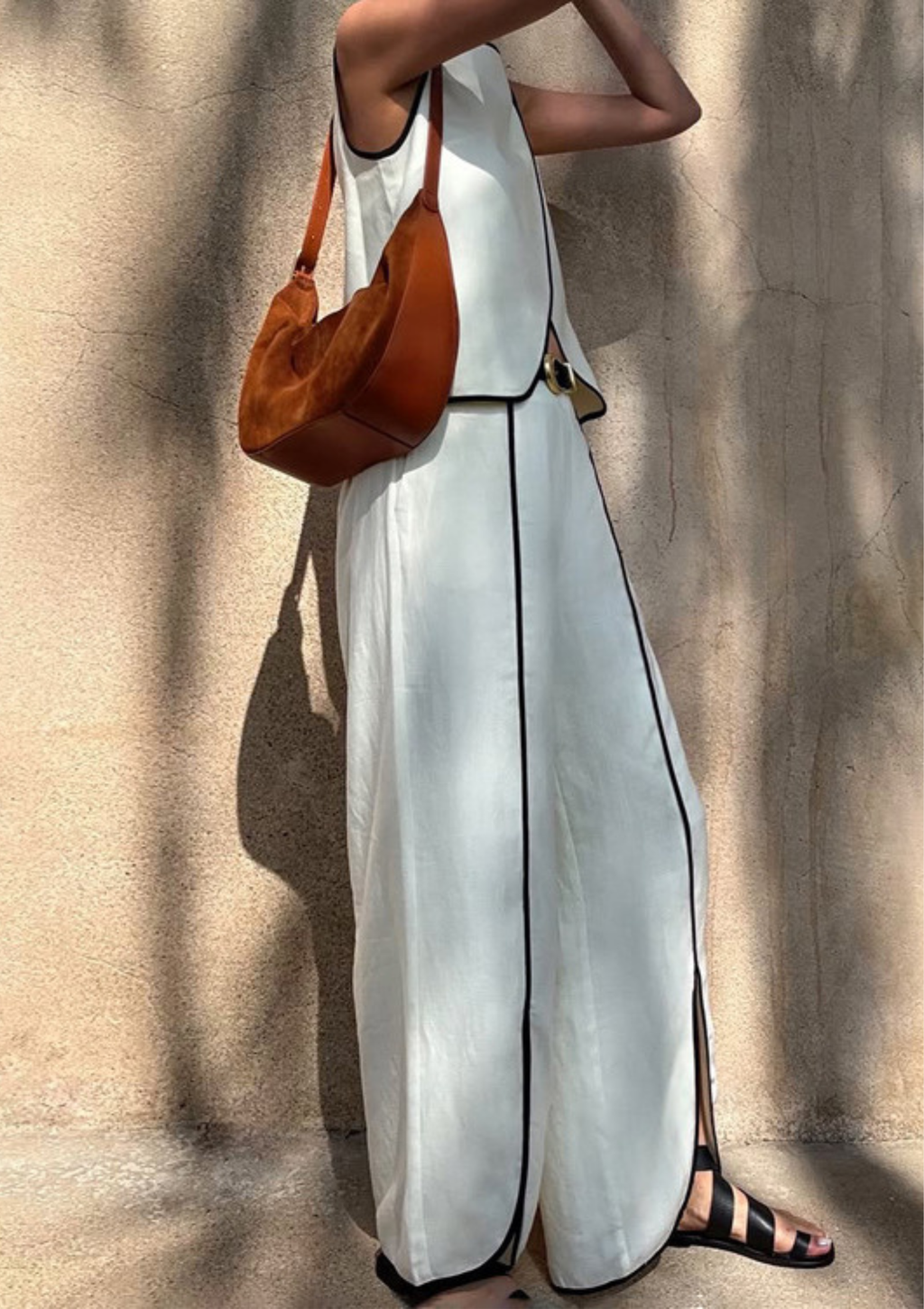Contrast Trim Vest  Wide Leg Pants Set