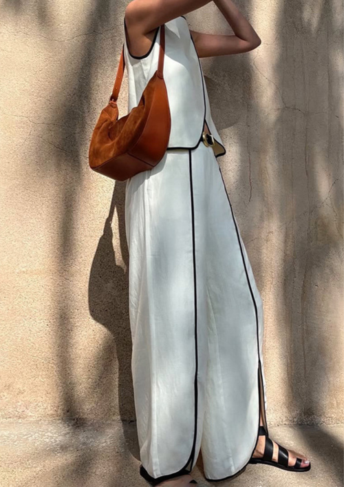 Contrast Trim Vest  Wide Leg Pants Set