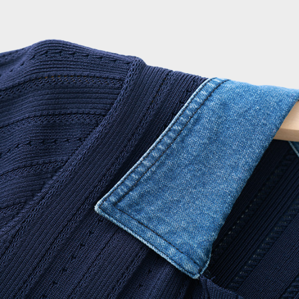 Denim Collar Buttoned Knit Maxi Dress