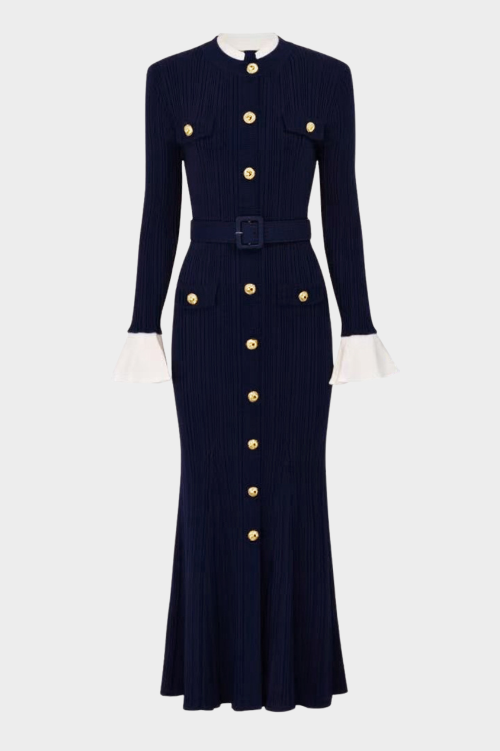 Majestic Knit Contrast Cuffs Sculpted Waist  Maxi Dress
