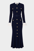 Majestic Knit Contrast Cuffs Sculpted Waist  Maxi Dress