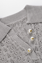 Pearl Lace-Trim Crochet Knit Polo Top