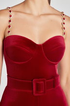 Ruby Elegance  Velvet Belted Jumpsuit