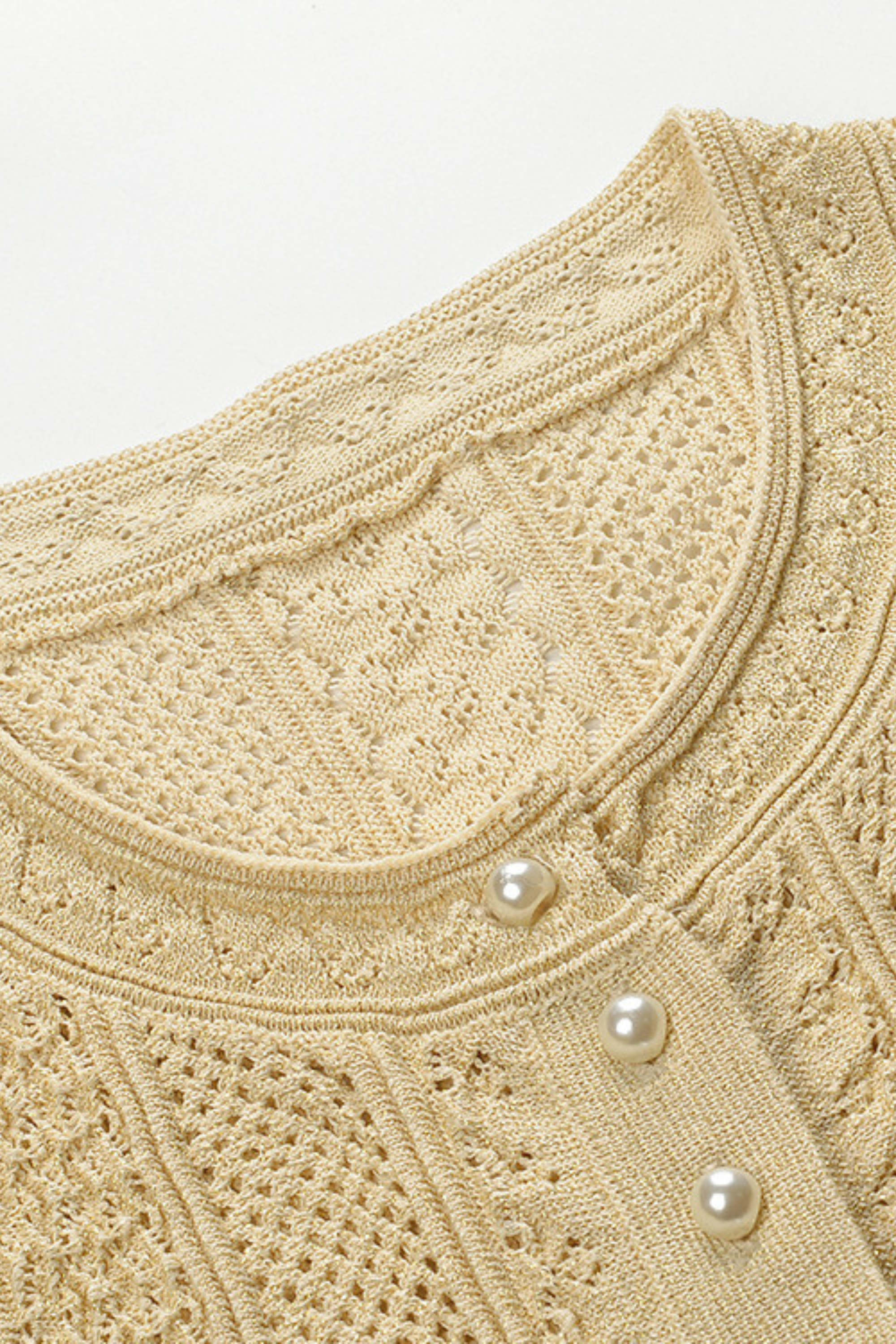 Beige Hollow Knitted Viscose Pearl Button Cardigan & Maxi Skirt Set