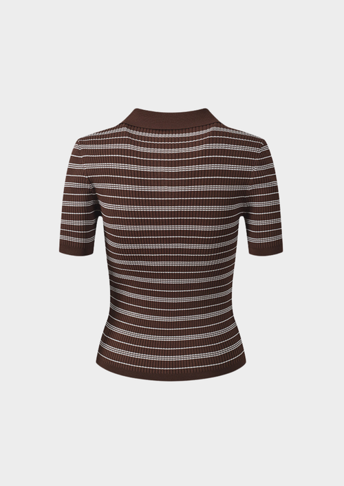 Cocoa Stripe Ribbed Polo Knit Top