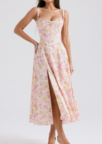 Serena Fishbone Lace Up Maxi Dress – Pink Floral