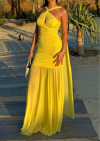 Sunset Glow Draped Mesh Maxi Dress