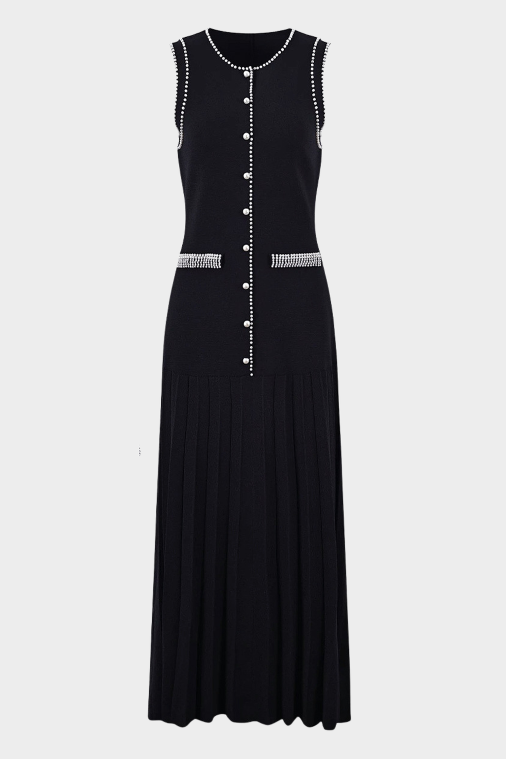 Noir Pearl Accent Pleated Knit Maxi Dress