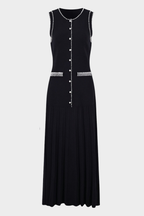 Noir Pearl Accent Pleated Knit Maxi Dress
